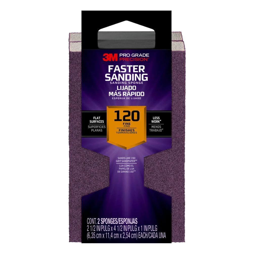 3M Pro Grade Precision 2-1/2 in. x 4-1/2 in. x 1 in. 120-Grit Fine Block Sanding Sponge (2-Pack)(Case of 6) 3 3M Pro Grade Precision 2-1/2 in. x 4-1/2 in. x 1 in. 120-Grit Fine Block Sanding Sponge (2-Pack)(Case of 6)