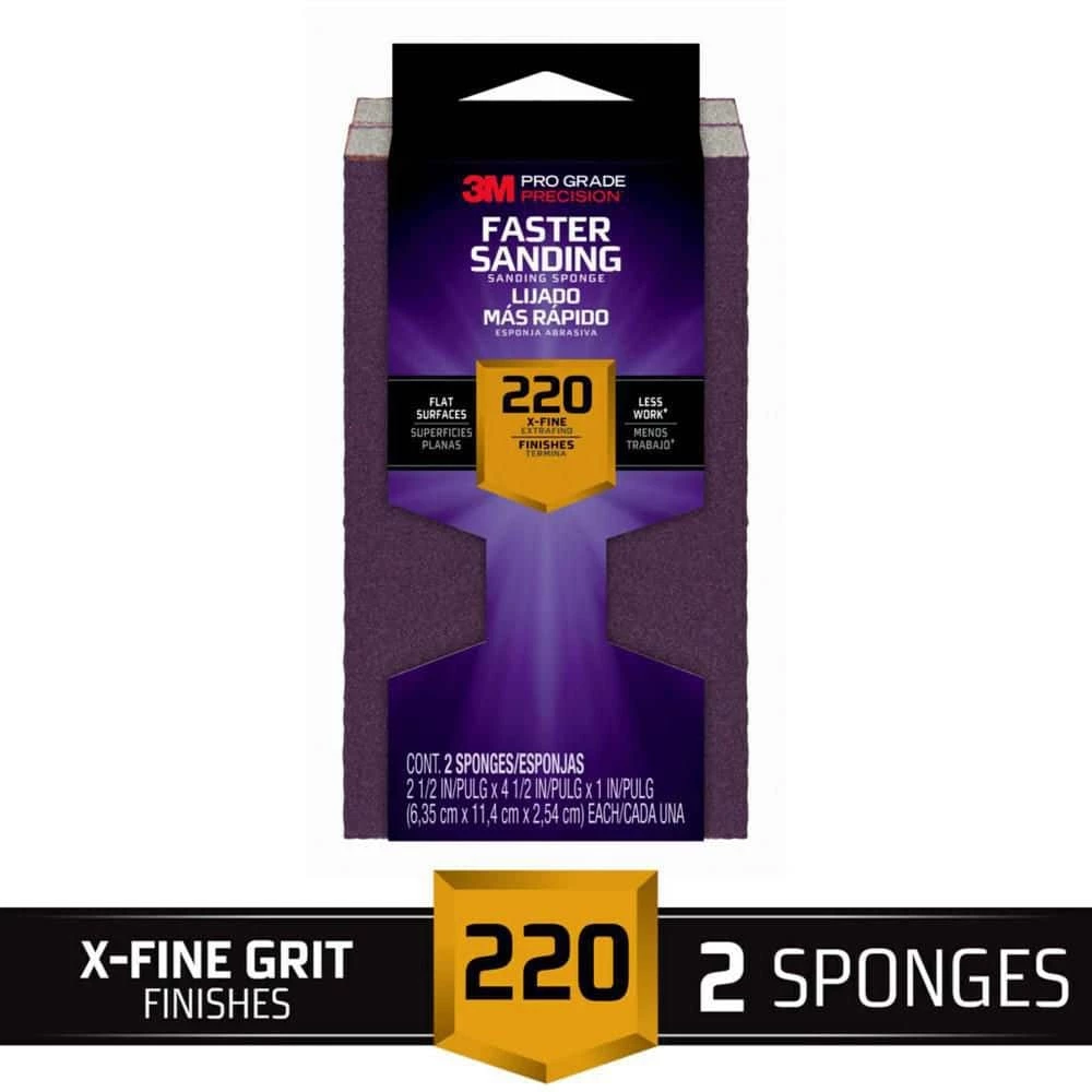 3M Pro Grade Precision 2-1/2 in. x 4-1/2 in. x 1 in. 220-Grit Extra Fine Block Sanding Sponge (2-Pack) 3 3M Pro Grade Precision 2-1/2 in. x 4-1/2 in. x 1 in. 220-Grit Extra Fine Block Sanding Sponge (2-Pack)