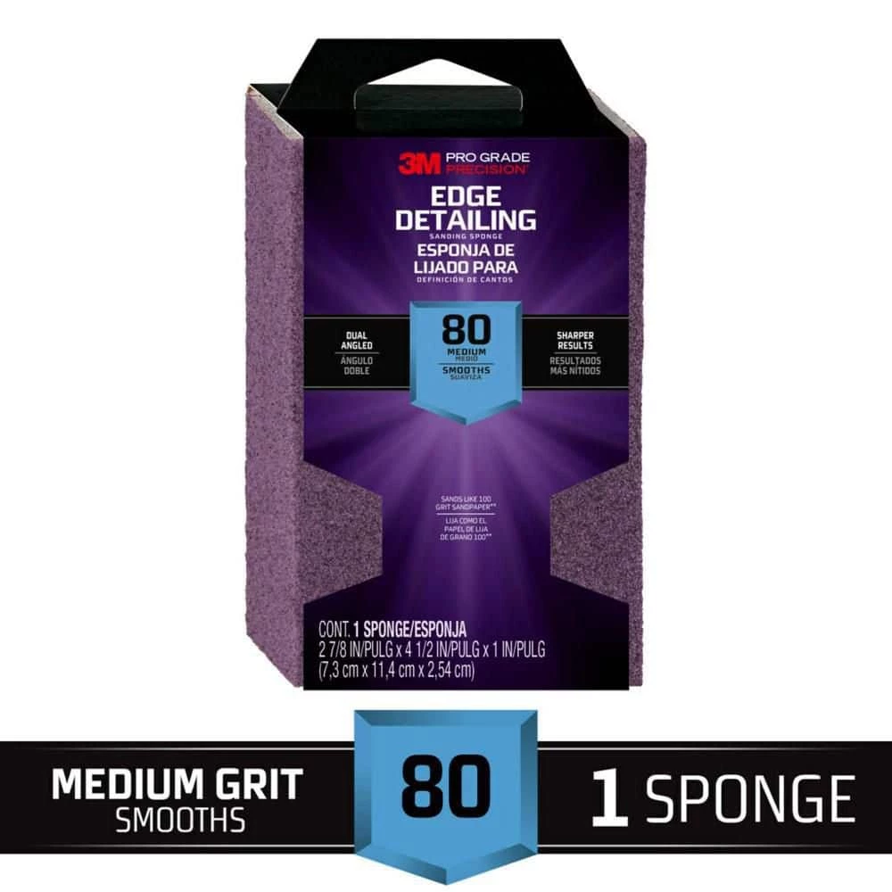 3M Pro Grade Precision 2-7/8 in. x 4-1/2 in. x 1 in. 80-Grit Medium Dual Angle Edge Detailing Sanding Sponge (Case of 12) 3 3M Pro Grade Precision 2-7/8 in. x 4-1/2 in. x 1 in. 80-Grit Medium Dual Angle Edge Detailing Sanding Sponge (Case of 12)
