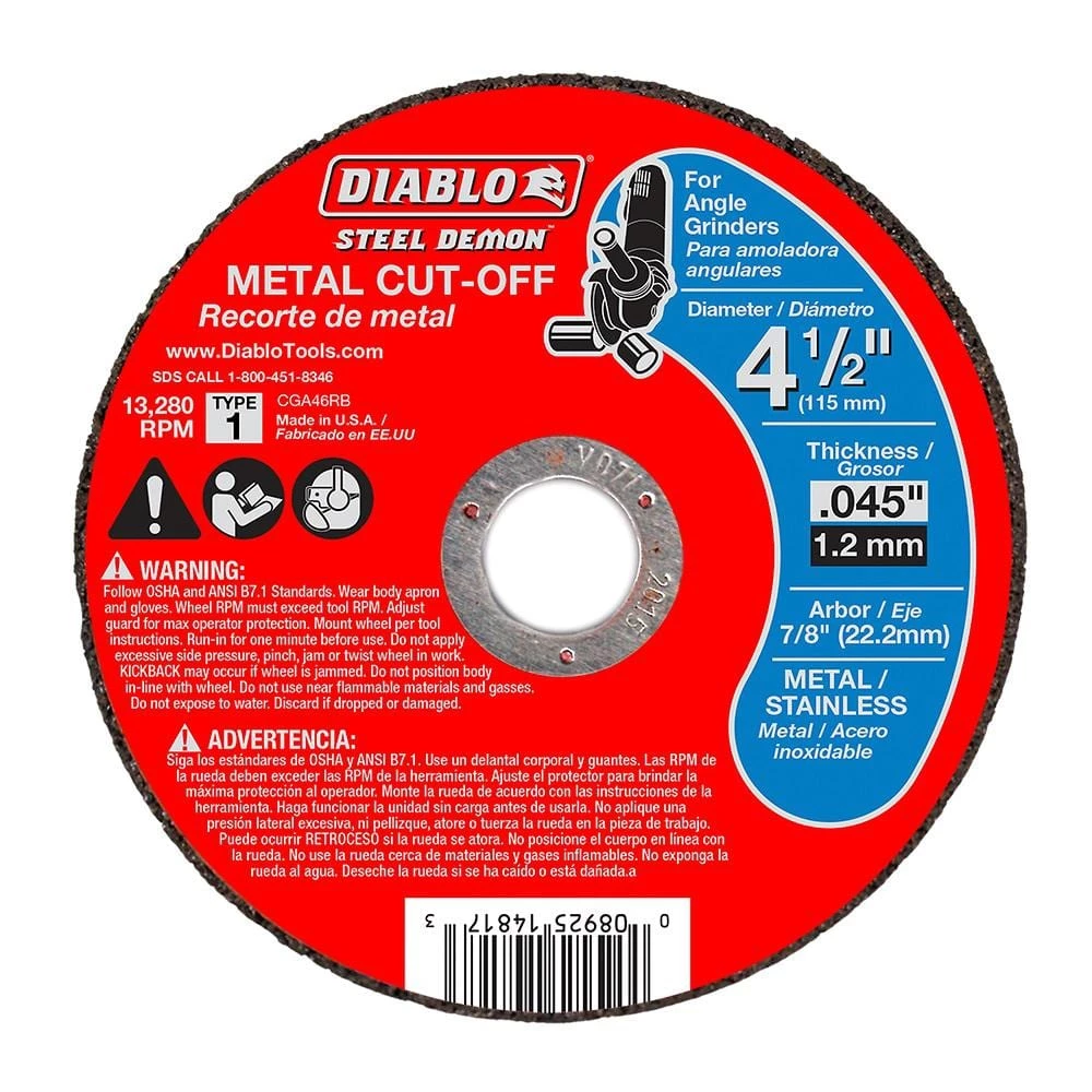 DIABLO Steel Demon 4-1/2 in. x 0.045 in. x 7/8 in. Metal Cut Off Type 1 3 DIABLO Steel Demon 4-1/2 in. x 0.045 in. x 7/8 in. Metal Cut Off Type 1