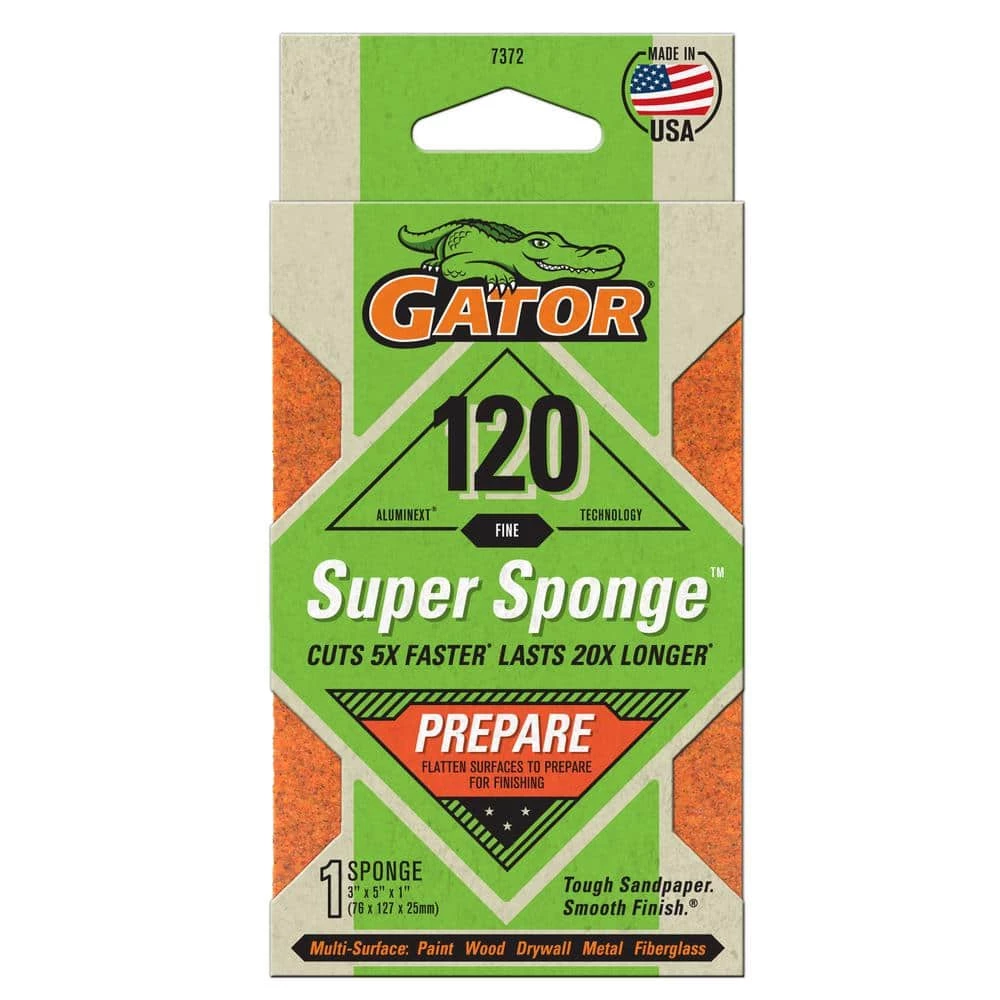 Gator Super Sponge 3 in. x 5 in. x 1 in. Fine 120-Grit Sanding Sponge 3 Gator Super Sponge 3 in. x 5 in. x 1 in. Fine 120-Grit Sanding Sponge