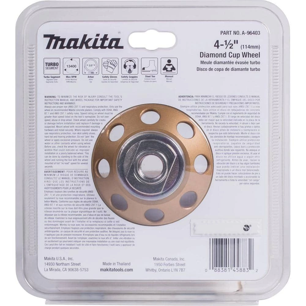Makita 4-1/2 in. Turbo 8 Segment Diamond Cup Wheel, Low-Vibration, Compatible with Angle Grinders with electronic controller 9 Makita 4-1/2 in. Turbo 8 Segment Diamond Cup Wheel, Low-Vibration, Compatible with Angle Grinders with electronic controller - Image 7