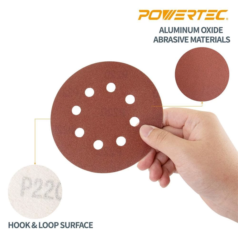 POWERTEC 5 in. A/O Hook and Loop 8 Hole Disc Assortment 40-Grit, 80-Grit, 120-Grit, 220-Grit and 320-Grit in Red (100-Pack) 6 POWERTEC 5 in. A/O Hook and Loop 8 Hole Disc Assortment 40-Grit, 80-Grit, 120-Grit, 220-Grit and 320-Grit in Red (100-Pack) - Image 4