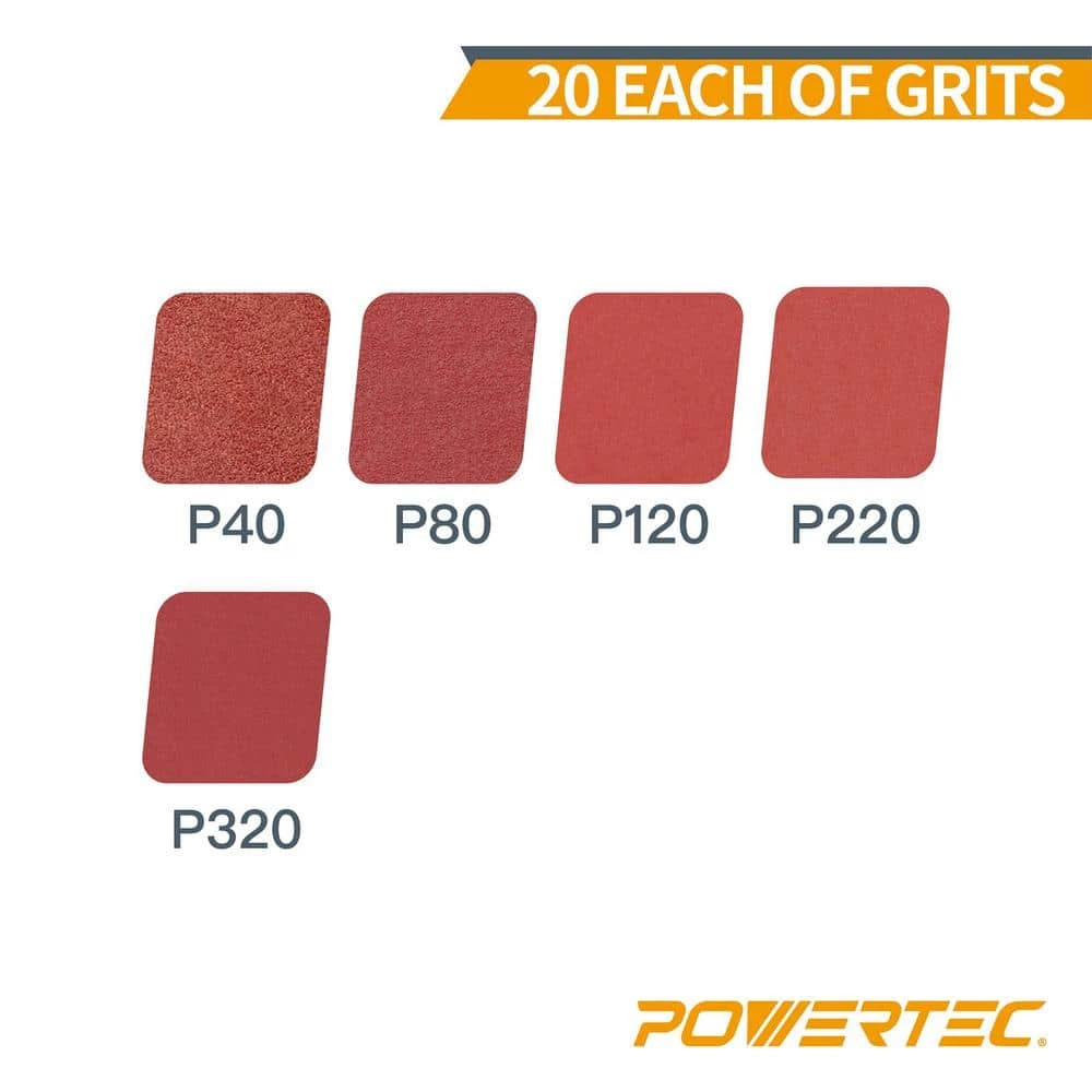 POWERTEC 5 in. A/O Hook and Loop 8 Hole Disc Assortment 40-Grit, 80-Grit, 120-Grit, 220-Grit and 320-Grit in Red (100-Pack) 4 POWERTEC 5 in. A/O Hook and Loop 8 Hole Disc Assortment 40-Grit, 80-Grit, 120-Grit, 220-Grit and 320-Grit in Red (100-Pack) - Image 2